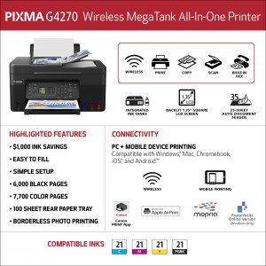 Canon 5807C002 Pixma G4270 Wireless Megatank All-in-one Printer