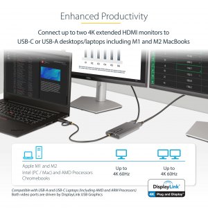 Startech 109B-USBC-HDMI Usb-c To Dual-hdmi Adapter, Usb-c Or A To 2x H