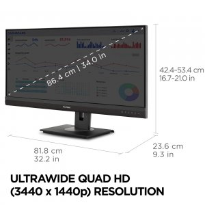 Viewsonic VG3456A 34in Wqhd Ergonomic 21:9 Docking Monitor With Usb C 