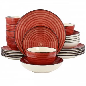 Elama EL-GIA24R Gia 24 Piece Round Stoneware Dinnerware Set In Red