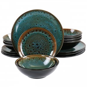 Gibson 127099.16 Elite Kyoto Teal Double Bowl 16 Piece Stoneware Dinne