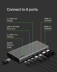 Belkin INC015BTSGY Universal Usb-c 8-in-1 Dual Display Core Hub