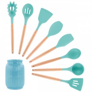 Megachef MGSP-465 Light Teal Silicone And Wood Cooking Utensils, Set O