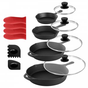 Megachef MCCI-7400 13 Piece Cast Iron Skillet Set With Tempered Glass 