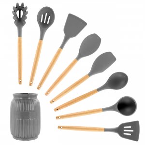 Megachef MGSP-450 Gray Silicone And Wood Cooking Utensils, Set Of 9